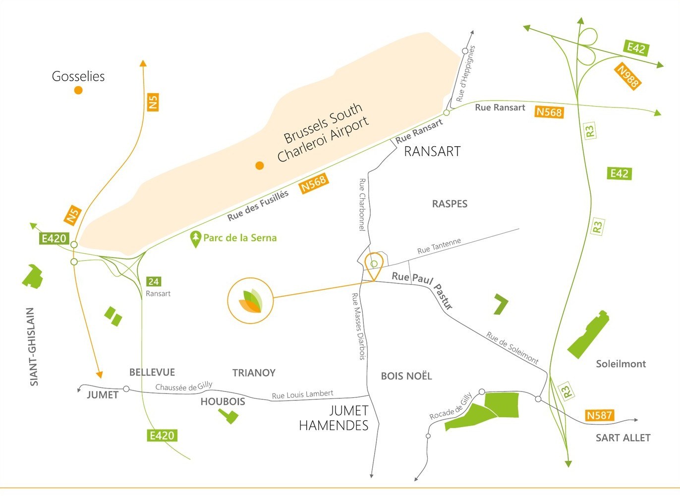 Plan d'accès à SCC — Rue Paul Pastur 35, 6043 Ransart